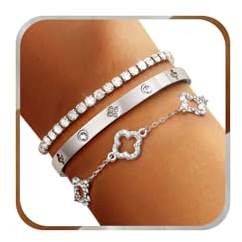 J.Fée 316L Edelstahl Armreif Gold, Wasserfest Armband Damen Gold, 17CM Kleeblatt Armband Silber mit 5A Zirkonia, 18K Goldschmuck Armbänder Damen Set, Armreifen Silber 3 Stück, Geschenke für Frauen