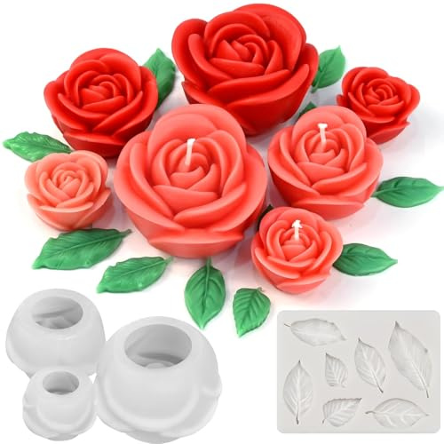 Set de Moldes de Silicona 3D Flores Rosa,4 Piezas con Moldes de Hojas, Molde de Silicona con Forma de Flor para Velas,Resina,Jabón y Manualidades,Moldes para Repostería,Fondant y Decoración Artesanal