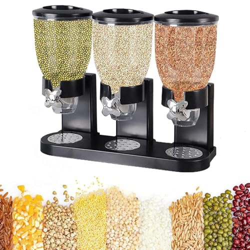 Refein Triple Cereal Dispenser Cereal Storage Containers, Classic Dry Food Canister Sweet Machine Great for Cornflakes, Candy, Nuts, Beans, Granola - Kitchen Storage Dispenser, Black
