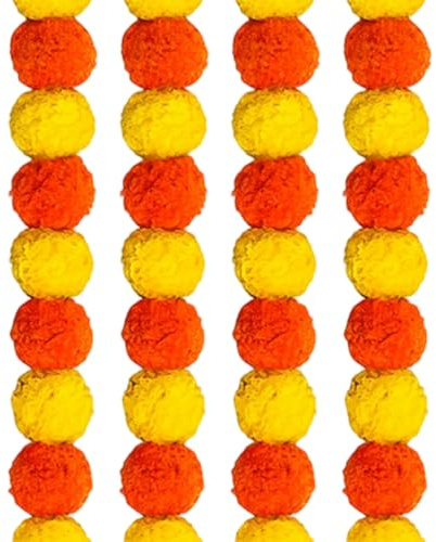 Marigold Flowers Decoration, 4-Piece Artificial Marigold Garland for Home Decor, Festive Party and Photo Background, Vibrant Orange and Yellow Floral Arrangement
