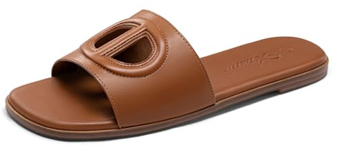 Athlefit Women's Flat Sandals Slip On Summer Beach Slide Sandals Brown 7 | PU Leather, Nonslip TPR Outsole, Square Open Toe, Cushioned Comfort, Fashion, Date Night, Parties, Vacations, Ladies Summer