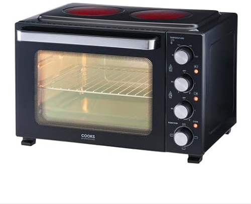 Cooks Professional Mini Portable Oven with Ceramic Hobs | Energy Efficient Electric Countertop Cooker with Two Hot Plates & Wire Rack Baking Tray | Kitchen Grill Ovens | 34L Capacity | Black & Silver