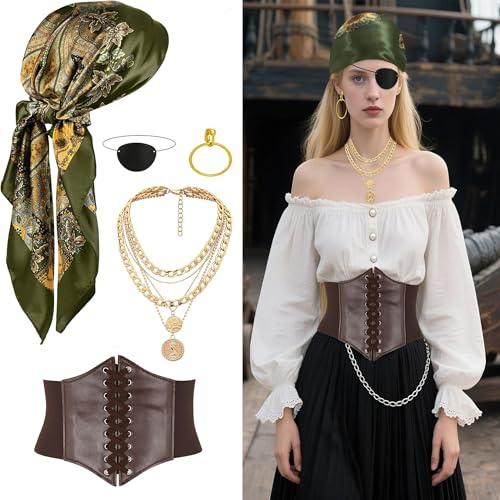 9 Stück Piratenkostüm Damen,Piraten Kostüm,Mittelalter Piratenkostüm Zubehör Set,piraten Kopftuch,Augenklappe,Taillenkette,Ohrringe,Halskette,Piraten Accessoires Set,für Karneval Halloween Cosplay