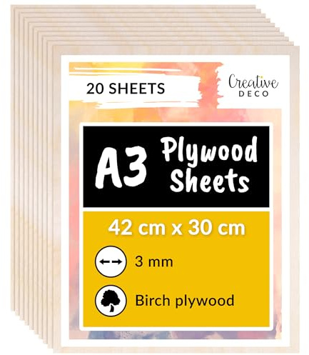 Creative Deco 20 x A3 Plywoodskivor 3mm | 420 x 300 x 3 mm (+/- 2mm) | Baltisk Björkträskikt | Perfekt för Pyrografi, Laserskärning, CNC-router, Modellering, Bandverk, Rullsåg