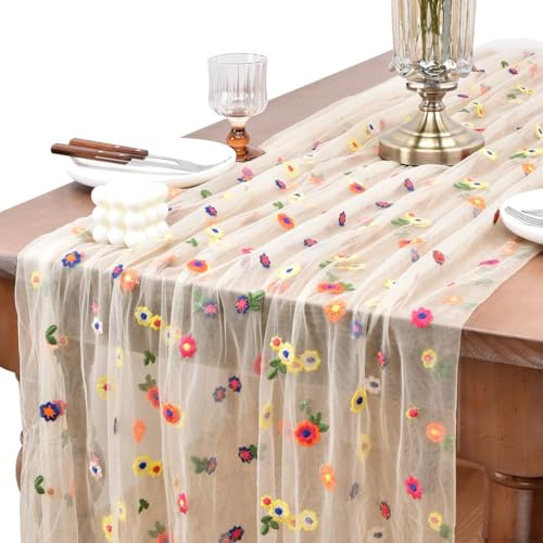 Chemin Table Brodé de Marguerites, 72 x 300cm Chemin de Table Fleuri Tulle, Exquis Tables Runner à Marguerites Printanier pour Fêtes, Mariages, Banquets, Idées de Bricolage (Champagne)