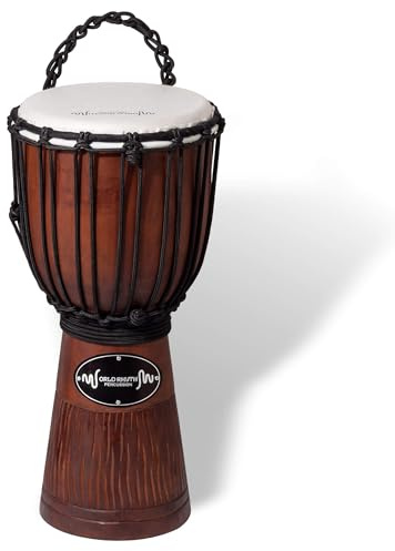 World Rhythm Djembe Drum 40cm (16”) with 8” Synthetic Head | Rope-Tuned Hand-Carved African-Style Drum for Performers, Drum Circles, Schools, Group Workshops