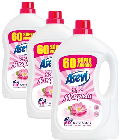 Asevi Detergente Líquido para Lavadora Rosa Mosqueta - Detergente para Ropa Blanca y de Color con Fórmula Concentrada - Jabón de Rosa Mosqueta para una Ropa Limpia y Suave - 60 Lavados (Paquete de 3)
