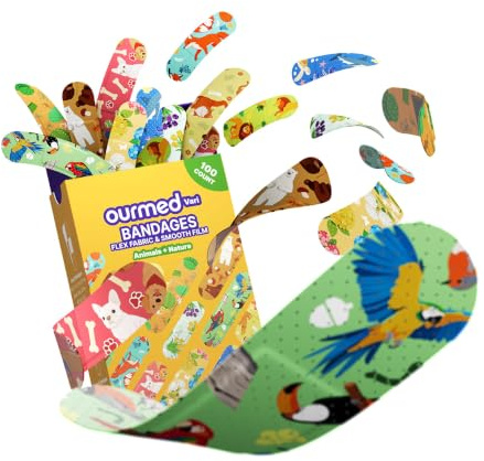 Ourmed Vari Kids 100 Count Flexible Fabric Plasters - 10 Colorful Finger Plasters with 2 Theme Designs, Latex-Free Assorted Sizes for Children’s Minor Wounds & Daily First Aid Use
