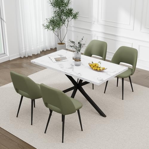 HJhomeheart Esstisch und Stuhlset, 140 * 80 * 75 cm Rechteck MDF Esstisch, 4 Gepolsterte Küchenstühle aus Cord mit Hohlrückenlehne, für Esszimmer, Wohnzimmer, Küche (Marmormuster + Grün)