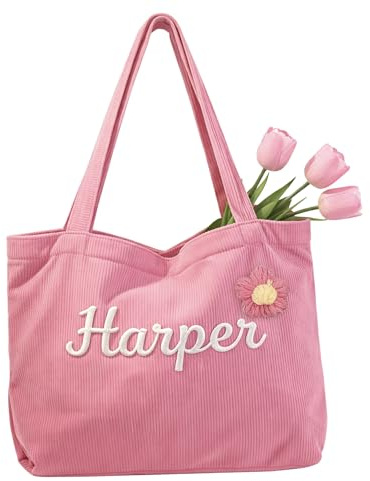 Personalisierte Cord-Tasche mit Namen - Handbestickte 3D Blumen Handtasche für Damen - Große Reise- und Strandtasche - Geschenk für Freundin, Mama, Brautjungfer - Geburtstag, Muttertag, Weihnachten