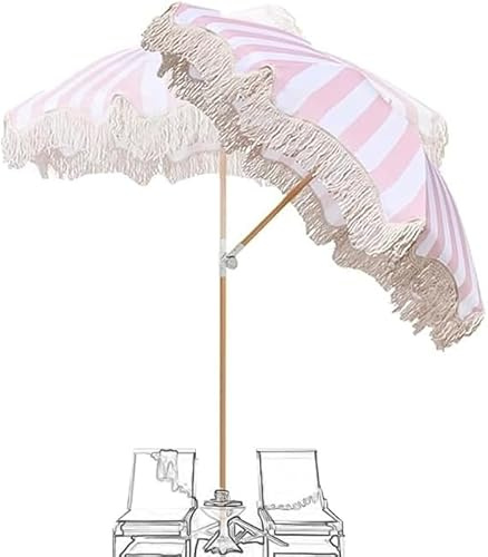 Rosa weiß gestreifter Sonnenschirm 6,5ft Strandschirm mit Quasten, Boho Terrasse, Außenpool/Garten/Marktschirme, 180° neigbar
