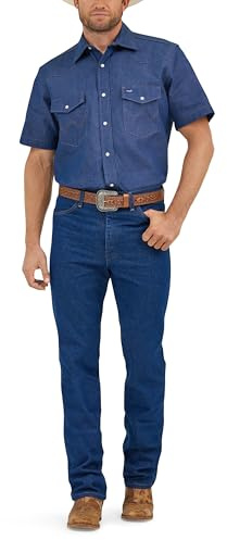 Wrangler Camisa de trabajo a presión con dos bolsillos, manga corta, corte vaquero, corte vaquero, para hombre, azul, L