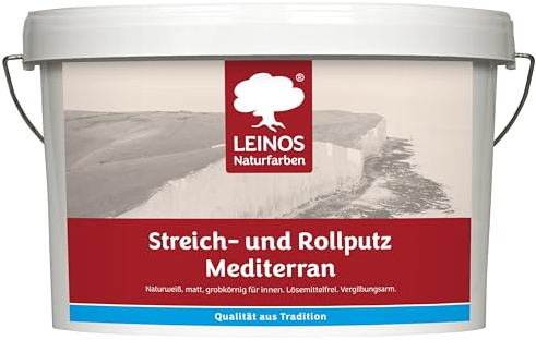 LEINOS Streich- und Rollputz 10 Liter mediterran 680, weiß – Dekorativer Strukturputz für Innen, lösemittelfrei, atmungsaktiv, gebrauchsfertig, mediterrane Optik, auf Lehm, Kalk, Putz, Altanstrich