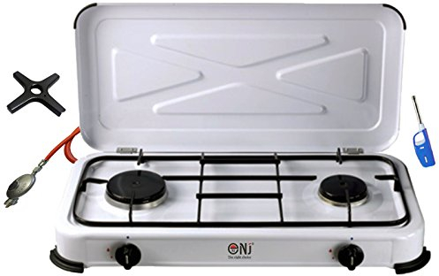 Gaskocher 2 flammig Campingkocher 2er Kocher 3,3 KW mit Deckel Gasherd Kochfeld + Phönix Gasherdkreuz inkl. Gasschlauch-Regler-Set