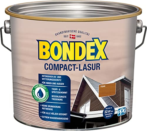 Bondex Compact Lasur TEAK 2,5 L für 32,5 m² | Wasserbasierte Holzlasur | Intensiver Wetter- und UV-Schutz | 2 in1 Aqua + Komfort Technologie | Streichen ohne Grundierung | Seidenmatt | Geruchsarm