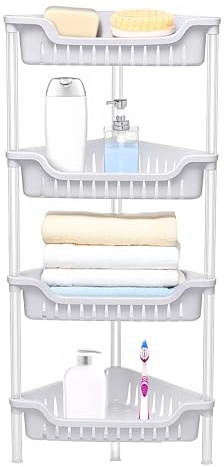 ADEPTNA Strong White Plastic Shower Caddy Corner Shelf Bathroom Rack Kitchen Storage Unit - Quick to Build - Easy to Clean (4 TIER BATH RACK)