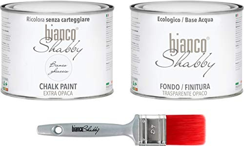 CHALK PAINT Bianco Ghiaccio & FINITURA + PENNELLO - Pittura Shabby Chic EXTRA OPACA (500 ml) + Finitura Trasparente Opaco (500 ml) + 1 Pennello Pro 40 mm