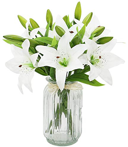 Olrla White Artificial Lily Flowers 6 pcs, Easter Lily, Waterproof Fake Flowers for Graveside Wedding Party Bathroom Garden Decor