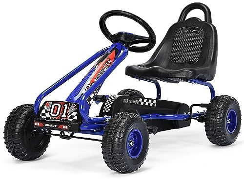 COSTWAY Go Kart a Pedali per Bambini, Go Kart Veicolo con Sedile Regolabile e Freno a Mano, per Bambini 3-6 Anni, Portata Massima 30 kg (Blu)