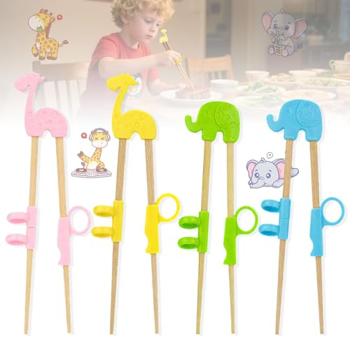 4 Paare E-ssstäbchen für Kinder,Training Essstäbchen, Essstäbche-n aus Holz für Kinder, Tiere Lernen Stäbchen, Mit Transparenter Aufbewahrungsbox, Gelten Anfänger, Baby