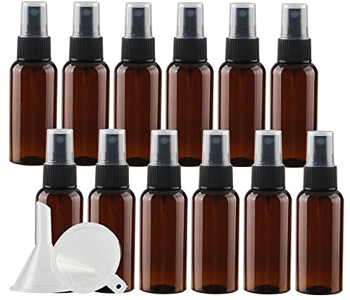ZEOABSY 12 Piezas 50ml Botella de Spray Vacía Plástico Marrón Atomizador de Viaje Conjunto de Botellas, con Pulverizador de Niebla Fina Negro para Aromaterapiacon 2 Embudos