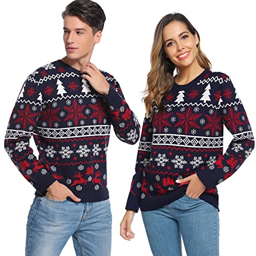Litherday Maglione Natalizio Uomo Donna Unisex con Renne e Fiocchi di Neve, Pullover Natale Coppia Famiglia, Maglione Invernale Divertente, Regalo Originale Blu Scuro-Uomo M