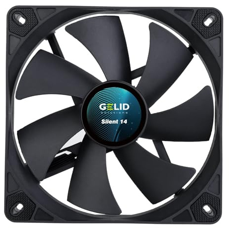 Gelid Solutions Silent 14, 140 mm Computer-Lüfter, Silent Series, schwarzer Gehäuselüfter, 140 mm, 3-poliger leiser Betrieb, 140 x 140 x 25 mm, RPM 1500, Gummi-Lüfterhalterung, Farbe: Schwarz