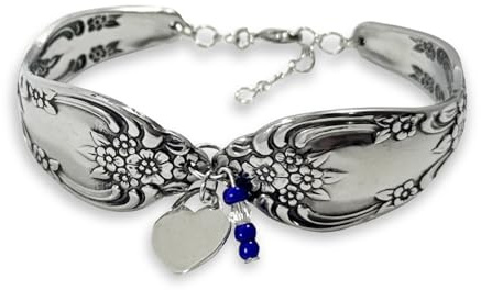 STAMPING CAT STUDIO FINE JEWELRY, STAMPING & DESIGN Vintage Stainless Steel Flatware Bracelet With Heart Charm and Beads, handmade