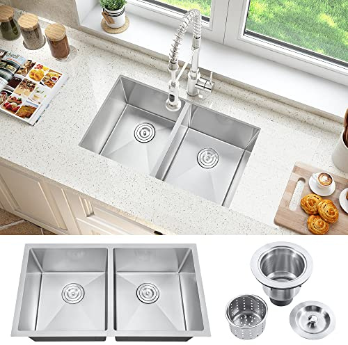 ATTOP Doppelbecken Unterbau Küchenspüle, 81,3 cm Nanobeschichtung, Edelstahl, Küchenspüle, Unterbau, Doppelbecken, Spüle