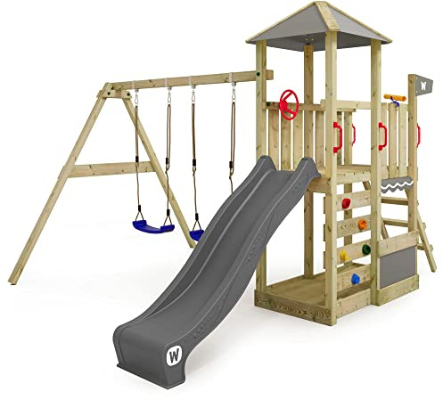 WICKEY Parque Infantil para trepar Smart Savana con Columpio y tobogán Antracita, Torre de Escalada Infantil de Exterior con arenero, Escalera y Accesorios de Juego para el jardín