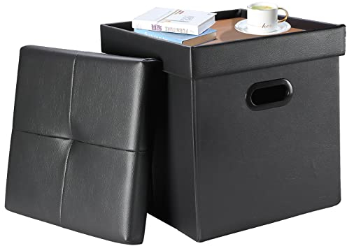 Sitzhocker mit Stauraum Faltbare, Hochwertiges Leder Pouf Hocker mit Stauraum als Fußablage & Couchtisch, Sitzwürfel mit Deckel für Schlafzimmer, Wohnzimmer, Diele, 43 x 38 x 38 cm(Dunkelgrau)