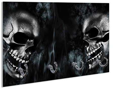 Wallario Schlüsselbrett aus Glas 30 x 20 cm, Wand Schlüsselhalter mit 4 Haken, Motiv: Rauchende Schädel