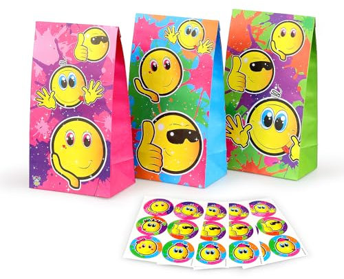 Isa's Friends® Geschenktüten mit Aufkleber - Kinderparty - Emojis - 12 Papiertüten