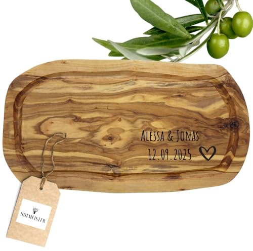 HOFMEISTER® Olivenholz Schneidebrett personalisiert mit Gravur, 30 x 20 x 1,5 cm – Holzbrett mit Saftrille und Wunschtext – Geschenk zu Hochzeit und Jahrestag, in Handarbeit gefertigt (1 Stück)