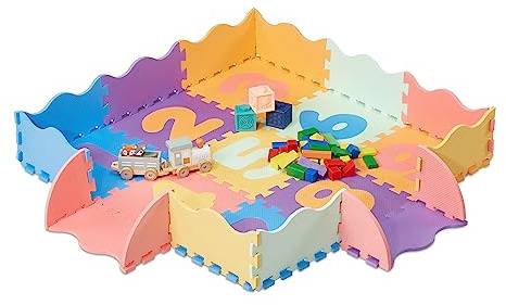 Relaxdays Pusselmatta med siffror, 34 delar. Lekmatta med kant, föroreningsfri, tvättbar, skumgummi, babymatta, färgglad
