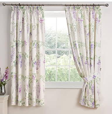 Dreams & Drapes Wisteria Curtains with Free Tie Backs in a Lilac Floral Design, Fully Lined, Pencil Pleat, 66 Width x 72 Drop