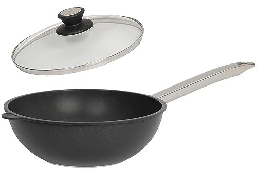 SKK großer 2-tlg. Wok Ø 28 cm - ohne Induktion - Aluguss Antihaft Stielwok glatter Boden Edelstahlstiel & Deckel mit Edelstahlrand - Made in Germany