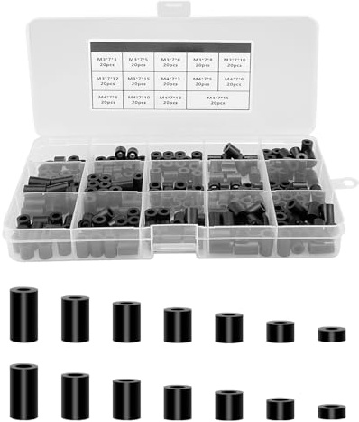 280stk ABS Runde Abstandsscheibe Assortiment Kit, M3 M4 Schrauben Nylon Nicht Gewinde Spalte Abstandshalter Abstandshalter mit Kunststoff Box (schwarz)