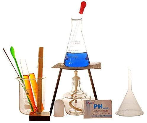 Grundlegende Chemie-Unterrichtsausrüstung Für Das Labor, Haushaltsbecher, Reagenzgläser, Kolben, Alkohollampen, Glastropfer, Glasstäbe, Stative, Komplettes Set An Experimentierzubehör