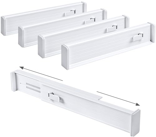 DIMJ 5er Set Verstellbarer Schubladentrenner (32.6-56cm) Kunststoff, Kleiderschrank Organizer für Küchenspeicher, Schlafzimmer, Kommode, Weiß