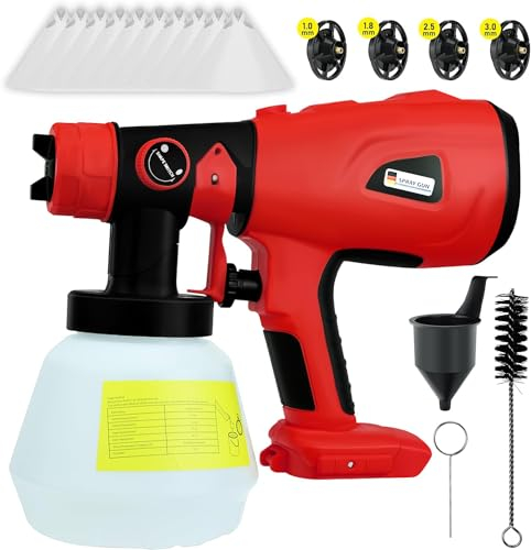 Pistola a Spruzzo fili per Milwaukee 18V contenitore da 1000 ml, 3 modalità di spruzzo, 4 ugelli in Ottone Pistola a Spruzzo manuale per casa, vernice, pareti (Batterie non incluse)
