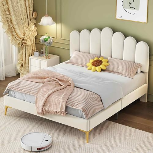 KOMHTOM Lit Double Rembourré 140 x 200cm avec Tête de Lit Réglable, Cadre de Lit Plateforme avec Rangement sous Le lit, Sommier à Lattes, Velours(sans Matelas) (Beige)