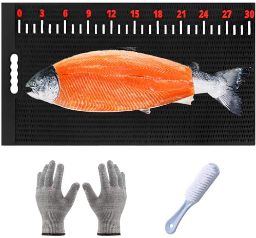 81,3 cm Fischfiletmatte mit Schneidehandschuhen und Bürste, extra großes Fischschneidebrett, Reinigungsmatte, Messskala für einfaches Filetieren