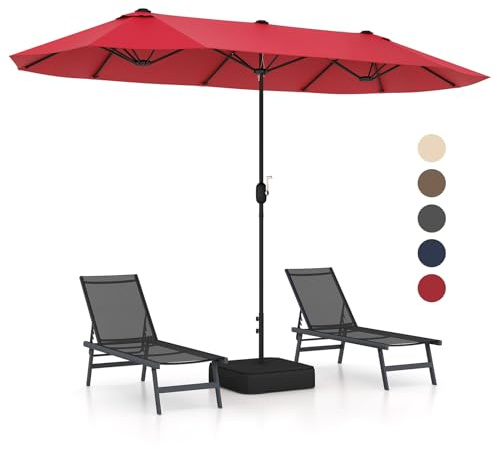 GOPLUS Grand Parasol de Jardin Exterieur avec Pied, 4M Parasol Double Face avec Manivelle et Ventilation, pour 6 Personnes pour Marché, Piscine, Terrasse, Balcon (Rouge)