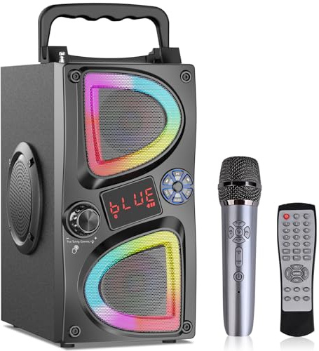 Bluetooth Speaker, 60W(Peak) Wireless Portable Small Home Party Speakers with Double Subwoofer Deep Bass, Microphone, FM Radio, Lights, Remote, 80dB Loud Stereo Sound Boombox for Outdoor Camping Gifts