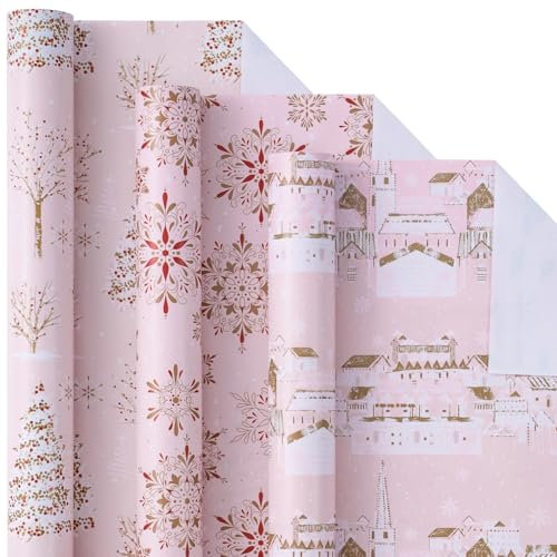 LeZakaa Weihnachts-Geschenkpapierrolle – Mini-Rolle – 3 Rollen – 43,2 x 308,5 cm pro Rolle, rosa und goldfarben, Stadtschnee, Weihnachtsbaum, Straßenansicht, Weihnachtselemente, Urlaubskollektion