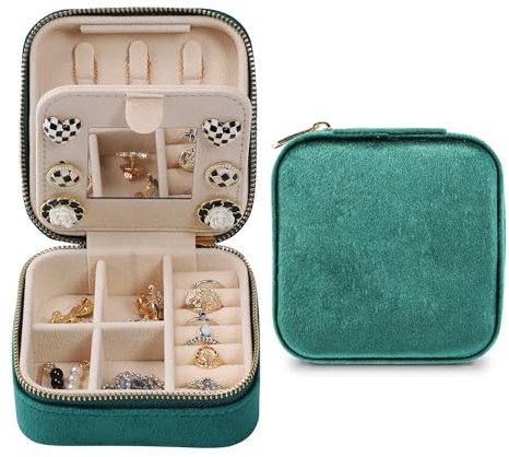 Dajasan Reise Schmuckaufbewahrung, Klein Schmuckkästchen, Schmuckschatulle für Damen Mädchen, Samt Schmuckbox, Schmuck Organizer für Ringe, Ohrringe, Halskette, Armbänder (Grün)