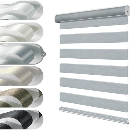 Boolegon Cordless Zebra Blinds Window, Blackout Double Fabric, Free Light Control, Easy to Install, Insulated for UV Protection, Interior, Office and Home, Custom Roller, Light Grey, 35W x 56H