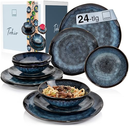 Sänger Tafelservice Tokio 24 tlg, Geschirrset 8 Personen | Steingut Tableware Set, Essgeschirr, Modern Handmade, Essservice Dunkelblau mit schwarzen Akzenten