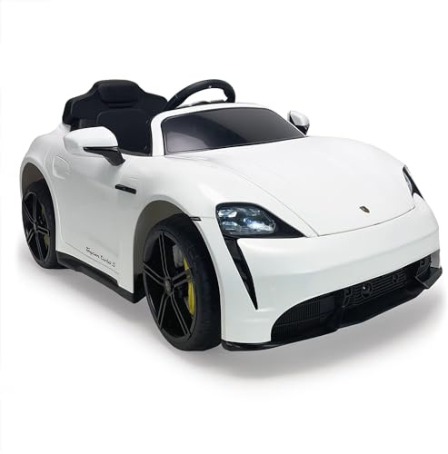 Elbil Barn 12V – Porsche Taycan Vit 3–4 år – Licensierad Barnbil med Ljus, Ljud, Dörrar, Back & Fjärrkontroll – 6 km/h – INJUSA